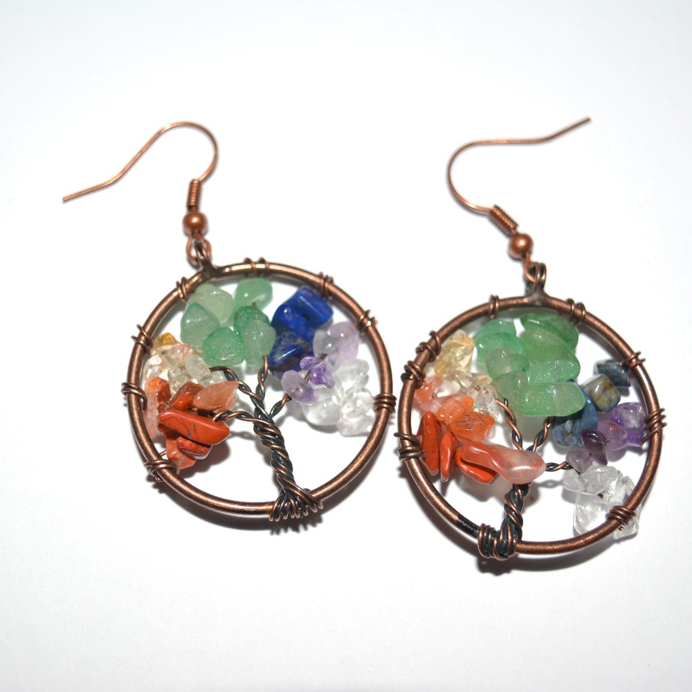 Rainbow Gemstone Tree of Life Earrings